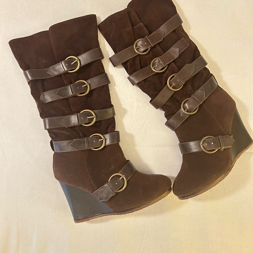 Brown Wedge Boots with Buckle Straps